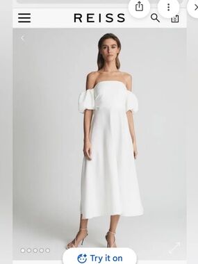 Reiss White Off-Shoulder Puff Sleeve Midi Dress